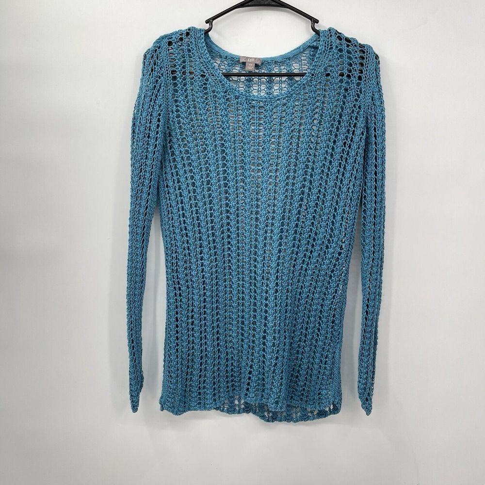 J. Jill XS Open Knit Sweater Womens Teal Blue Crochet Long Sleeve Scoop Neck